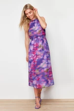 Trendyol Purple Floral Print A-line Chiffon Lined Midi Woven Dress