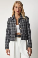 Happiness İstanbul Women's Black Buttoned Tweed Jacket
