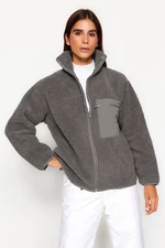 Trendyol Winter Essentials Anthracite Thick Fleece Zippered High Neck Pocket Knitted Sweatshirt