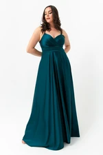Lafaba Women's Petrol Plus Size Satin Long Evening Dress & Prom Dress with Rope Straps
