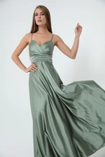 Lafaba Women's Mint, Green Long Satin Evening Dress & Prom Dress with Thread Straps and Waist Belt