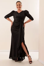 By Saygı Černé volánky přední lemované stříbřité šaty nadměrných velikostí