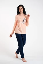 Arietta women's pyjamas, long sleeves, long pants - salmon/navy blue