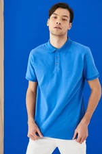 ALTINYILDIZ CLASSICS Men's Royal Blue 100% Cotton Roll-Up Collar Slim Fit Slim Fit Polo Neck Short Sleeved T-Shirt.