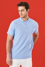 ALTINYILDIZ CLASSICS Men's Light Blue 100% Cotton Roll-Up Collar Slim Fit Slim Fit Polo Neck Short Sleeved T-Shirt.