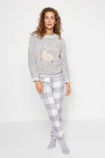 Trendyol Gray Wellsoft Lama Pattern T-shirt-Pants and Knitted Pajamas Set