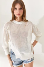 Olalook Women's Ecru Crew Neck Side Detail, Openwork Cotton Knitwear Blouse