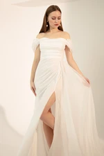 Lafaba Women's White Boat Collar Draped Long Glittery Evening Dress with a Slit.