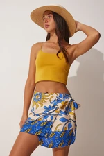 Happiness İstanbul Women's Blue Beige Patterned Tie Mini Viscose Skirt