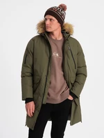 Ombre Alaskan men's winter jacket with detachable fur from the hood - dark olive green Ombre Alaskan men's winter jacket with detachable fur from the hood - dark olive green