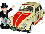 1963 Volkswagen Beetle Yukon Yellow with "Monopoly" Graphics "Free Parking" and Mr. Monopoly Resin Figure 1/18 Diecast Model Car by Auto World