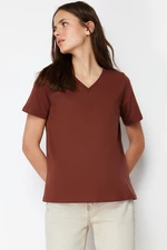Trendyol Brown 100% Cotton Basic V Neck Knitted T-Shirt