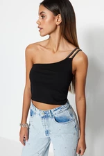 Trendyol Black Shiny Stone Detailed Knitted Blouse with One-Shoulder Strap, Fitted Crop
