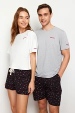 Trendyol Women's Couple/Couple Ecru 100% Cotton Slogan Embroidered Knitted Pajamas Set