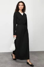 Trendyol Black Double Breasted Collar Belted Plain Knitted Prayer Dress