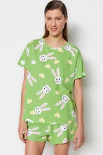 Trendyol Green 100% Cotton Heart Rabbit Pattern T-shirt-Shorts Knitted Pajamas Set