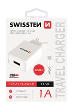 SWISSTEN SÍŤOVÝ ADAPTÉR SMART IC 1x USB 1A POWER + DATOVÝ KABEL USB / TYPE C 1,2 M, BÍLÁ