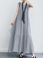 Solid Color O-neck Sleeveless Ruffles Hem Pleated Maxi Dress