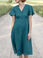 Cotton Solid Button Pocket V Neck Ruffle Casual Dress