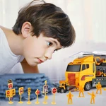 25Pcs Yellow Engineering Vehicle Toy Set 1 Large Truck + 10 Alloy Cars + 4 Soldiers + 10 Roadblocks