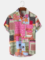 Mens Multicolor Plants Overlay Short Sleeve Buttons Up Shirts