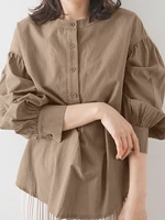 Women Puff Sleeve Solid Color Elastic Waist Buttons Lapel Three Quarter Sleeve Blouses