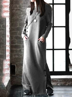 Women Solid Color Side Split Long Sleeves Button Maxi Dresses With Pocket
