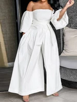 Women Solid Off Shoulder Lace Up Casual Wide Leg Jumpsuits With Pocket