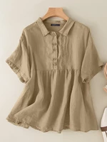 Solid Button Lapel Short Sleeve Casual Blouse For Women
