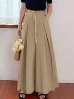Women Drawstring Waist Loose Solid Color Casual Wide Leg Pants With Pocket