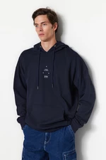 Trendyol Navy Blue Oversize/Wide-Fit Hooded Space Printed Fleece Sweatshirt