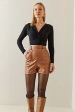 XHAN Tan High Waist Leather Look Shorts