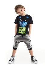 Mushi Masked Tiger Boy Cotton Boy Black T-shirt Striped Gray Capri Shorts Set