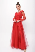 By Saygı Lace-Up Balloon Sleeve Tulle Long Evening Dress Red