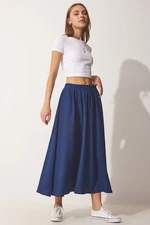 Happiness İstanbul Women's Navy Blue Flared Pocket Linen Skirt