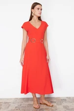 Trendyol Red Belted Midi Crepe Woven Dress with Skirt Opening at the Waist