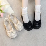 Girl Leather Shoes Shallow Fashion Ribbon Bowknot Pearl Chain Kids Mary Janes Elegant Black White Autumn Children Princess Shoes
