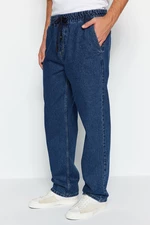 Trendyol námornícka modrá pravidelná elastická pásová voľné džínsy