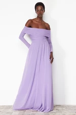 Trendyol Lilac Carmen Collar Tulle Long Evening Evening Dress