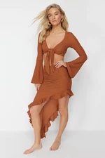 Trendyol Brown Fitted Woven Ruffle Blouse Skirt Set