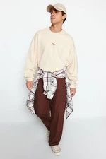 Trendyol Beige Oversize/Wide-Cut Fleece Dinosaur Embroidered Sweatshirt