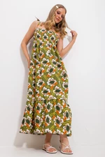 Trend Alaçatı Stili Women's Khaki Strap Skirt Flounce Floral Patterned Gimped Woven Dress