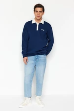 Trendyol Navy Regular/Regular Fit Polo Neck Embroidered Fleece Inside Cotton Sweatshirt
