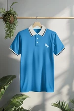 Trendyol Blue Men's Slim/Narrow Cut Horse Embroidered 100% Cotton Polo Collar T-Shirt