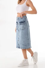 BİKELİFE Blue Cargo Pocket Detailed High Waist Buttoned Denim Skirt