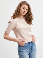 Svetloružový dámsky sveter s krátkym rukávom Guess Emma