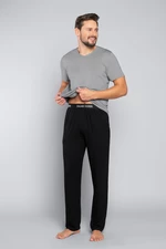 Pánské pyžamo Dallas, krátký rukáv, dlouhé kalhoty - melanž/černá