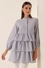 By Saygı Longitudinal Stripe Half Pats Layered See-through Tunic Blouse Blue
