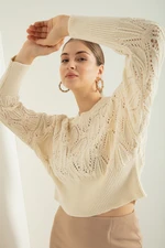 Lafaba Women's Beige Crew Neck Openwork/Perforated Knitwear Sweater