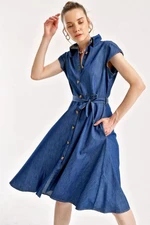 Bigdart 1677 Half-length Buttoned Waist Belt Denim Dress - Navy Blue Bigdart 1677 Half-length Buttoned Waist Belt Denim Dress - Navy Blue